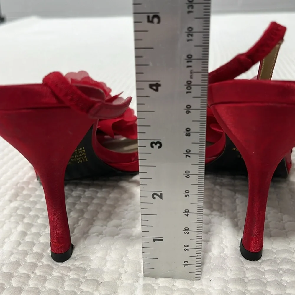 Jacqueline Ferrar Stiletto strap Red High Heeled Dressy sandal Flower Sz 7,5
